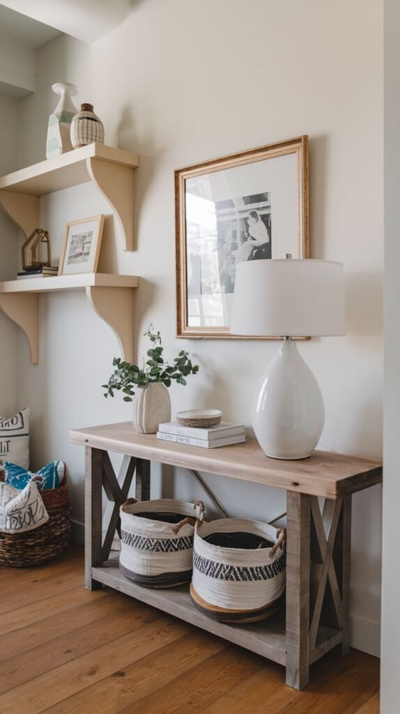 Hallway vignette showing a rustic wooden console table with X-brace sides, displaying a large white ceramic lamp, framed art, and holding two patterned woven baskets underneath.