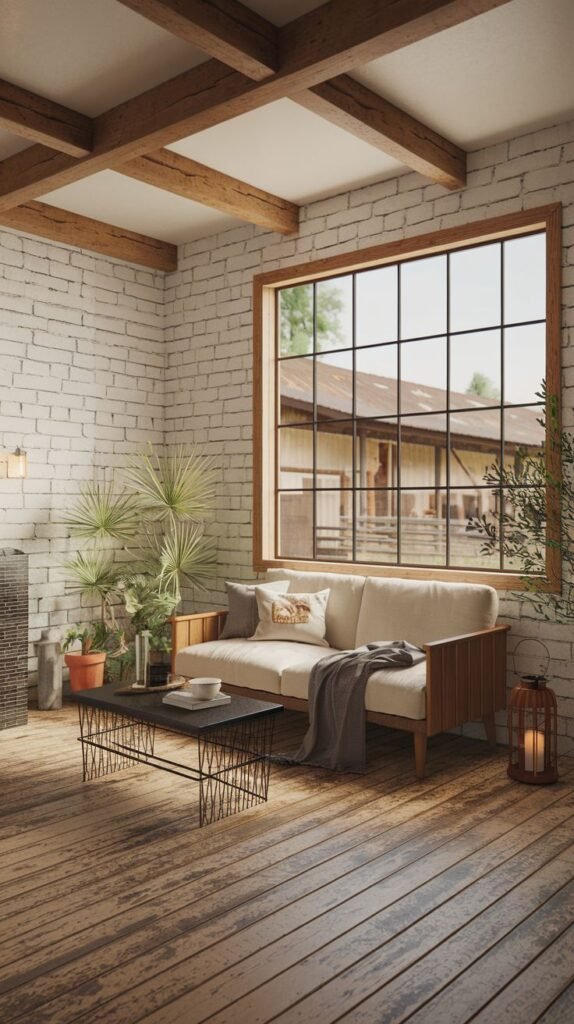 Sunroom or covered porch featuring white painted exposed brick walls, exposed white-edged ceiling beams, wide distressed wood plank flooring, and a large metal grid-style window overlooking a barn.
