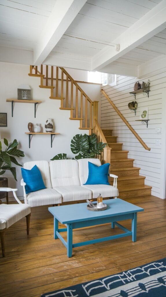 Living room featuring white shiplap walls, a light wood staircase, open shelving with brackets, and a bright blue painted wooden coffee table serving as a bold accent.