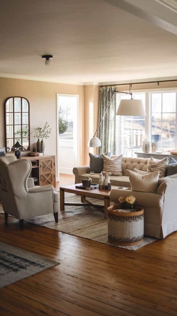 Neutral living room with plush, light-colored seating, a wooden coffee table, a grid-paned accent mirror, and an oversized, articulated arc floor lamp.