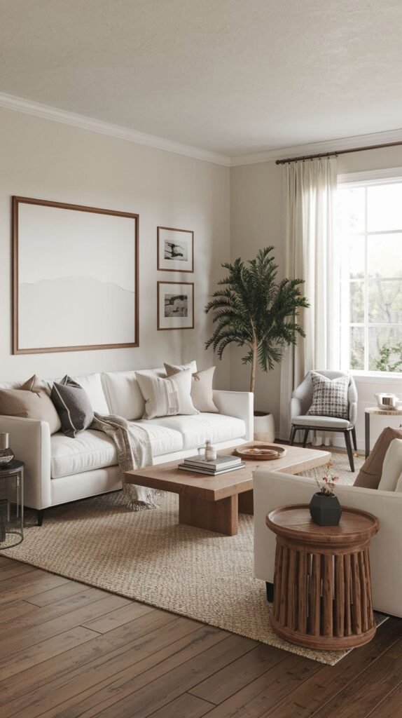 Modern living room with a white sectional sofa, a substantial rectangular wood coffee table, dark wood floors, a natural jute rug, and a large, minimalist framed landscape artwork.