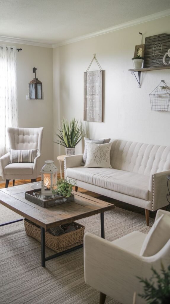 Farmhouse living room featuring a channel-tufted sofa, a rustic wood coffee table with a metal base, hanging wire baskets, and a decorative white metal lantern.