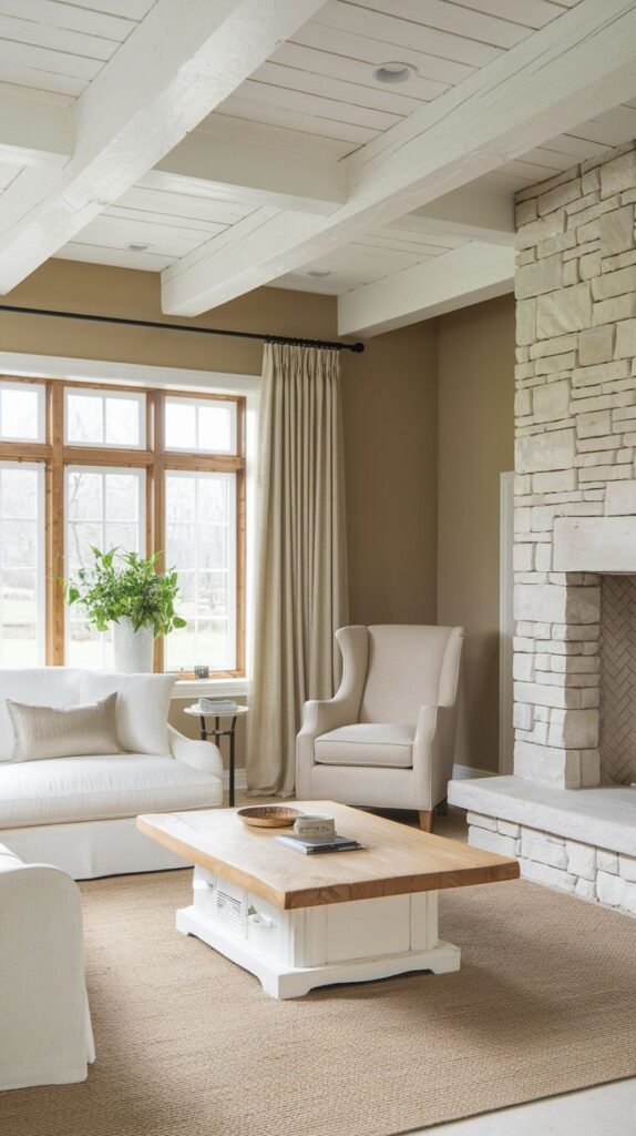Living room defined by a high, white coffered beamed ceiling, a tall stone fireplace, neutral seating including a wingback chair, and a wood coffee table with a painted white base.