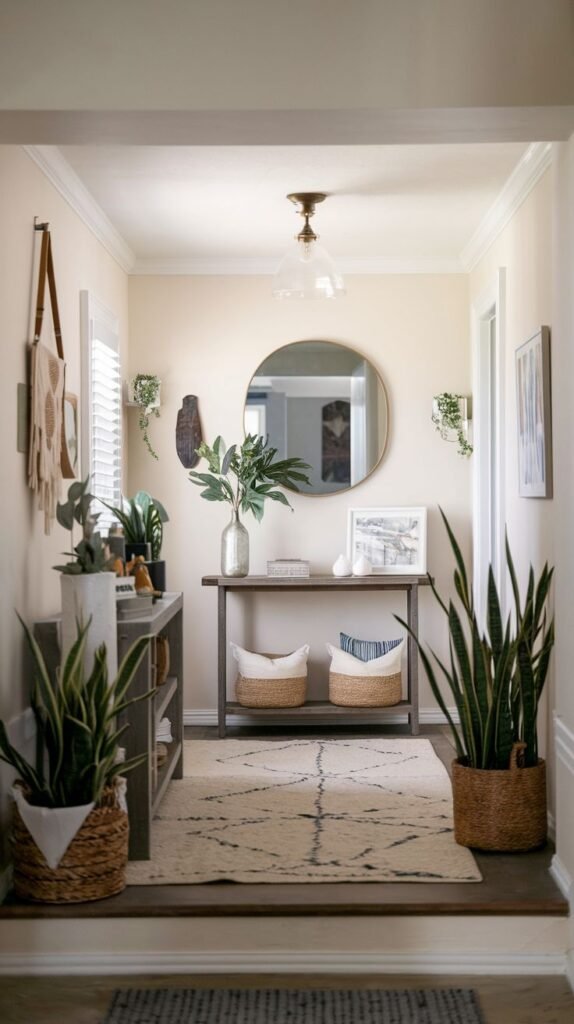 Foyer area with a dark console table, a large circular mirror reflecting the space, situated over a patterned rug, and flanked by tall snake plants in woven baskets.