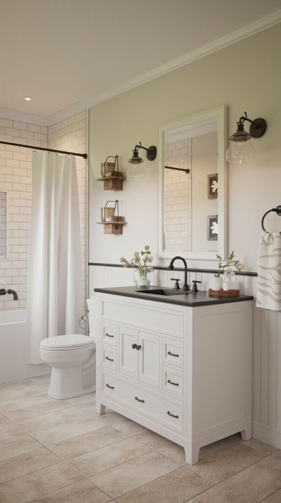 Modern farmhouse bathroom featuring a white vanity with multiple drawers, a black countertop, matte black hardware and faucet, backed by white wainscoting and subway tile.