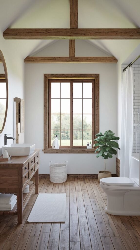 Spacious rustic bathroom featuring a vaulted ceiling with heavy exposed wooden beams, wide plank wood flooring, a wooden vanity with a vessel sink, and a large window with natural wood trim.