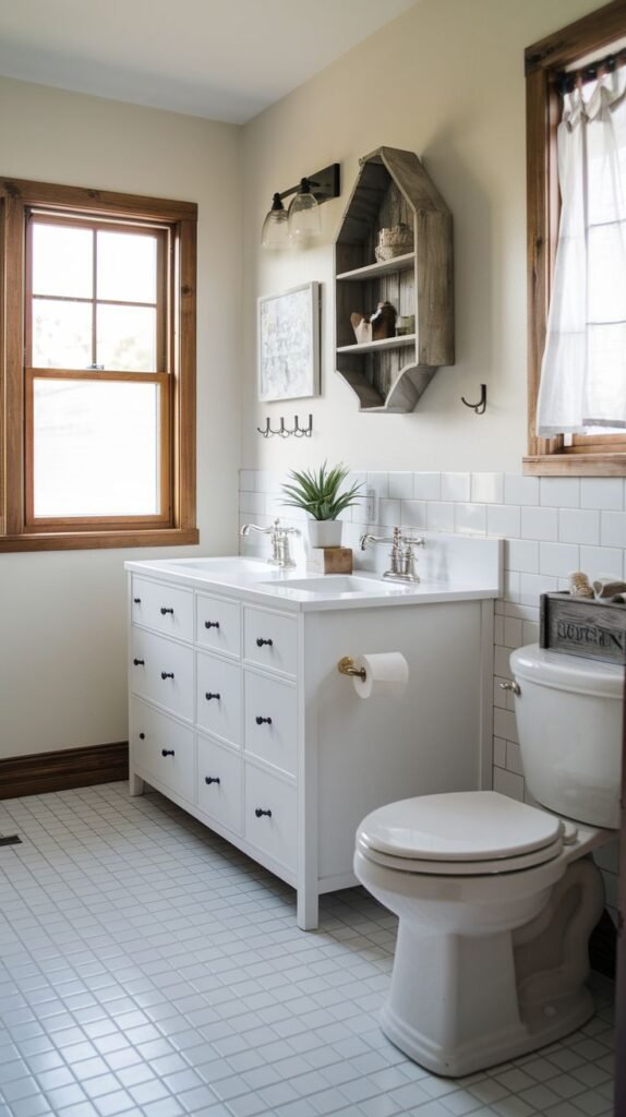 Bright bathroom centered on a wide white double vanity with numerous small drawers and black knobs, against a background of white subway tile and small square floor tiles.