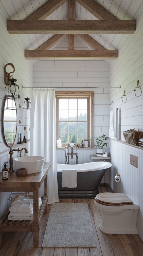 Narrow bathroom with white shiplap walls, vaulted wood beams overhead, a dark freestanding tub beneath a window, and a rustic wooden vanity supporting a basin sink.
