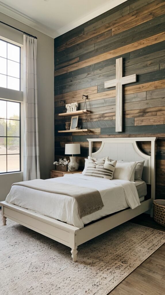 Bedroom showcasing a textured accent wall constructed from horizontal planks of reclaimed dark wood, contrasted by a white upholstered bed and a large white wooden cross hanging centrally.