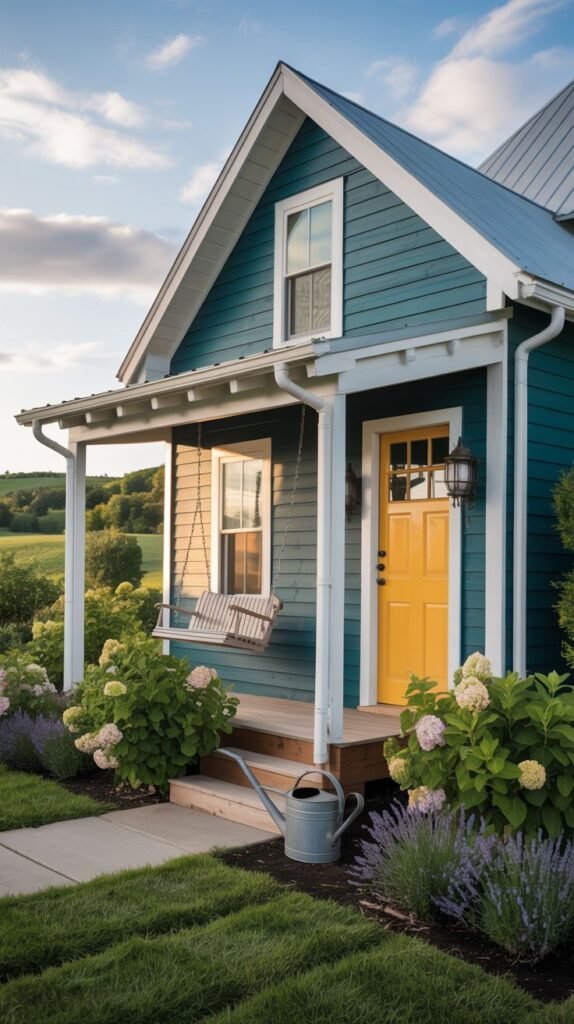 Small farmhouse cottage featuring teal horizontal siding, white trim, a light metal roof, a wrap-around porch, and a bold yellow front door.