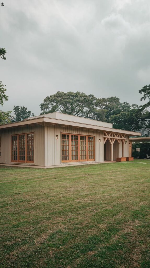 Single-story structure with light beige vertical siding and extensive natural wood-toned window frames and exposed wooden entrance arches, set in a wide lawn.