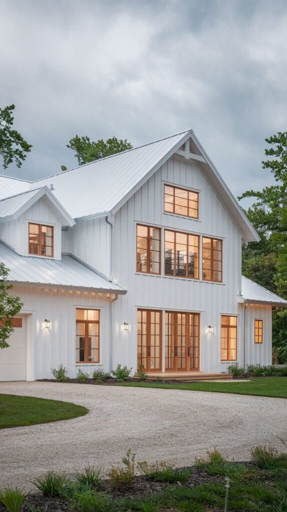 Large, high-contrast white farmhouse with vertical board and batten siding, a bright white metal roof, and numerous windows and doors framed in warm natural wood tones.