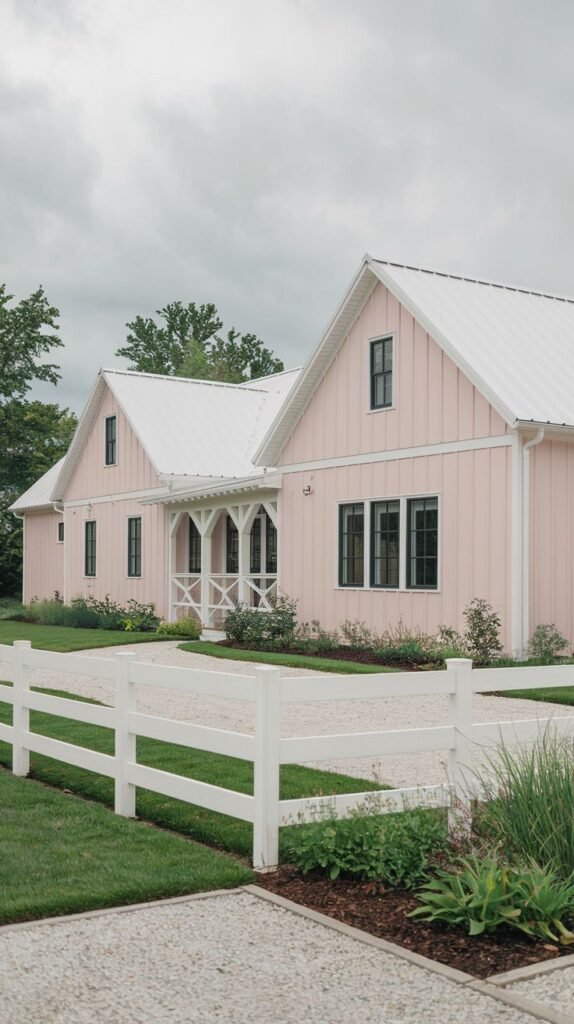 Single-story modern farmhouse structure painted soft pastel pink, featuring black windows, white trim, a white metal roof, and a white fence along a gravel driveway.