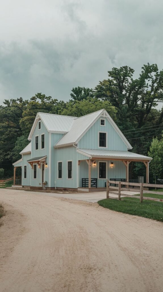 Two-story farmhouse with light aqua/blue vertical siding, a light metal roof, and a covered porch supported by rustic, unpainted wooden posts and beams.