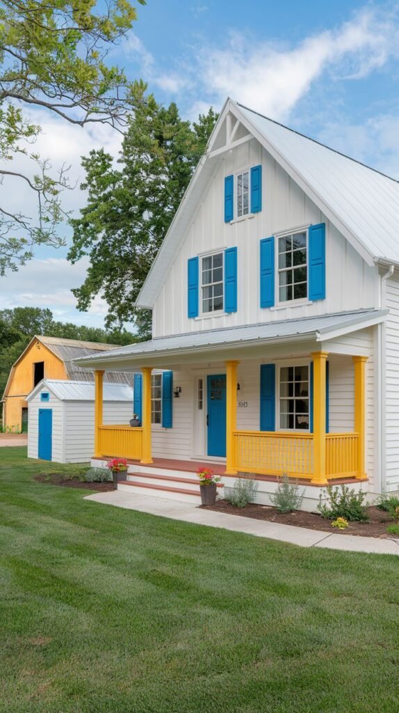 Brilliant white farmhouse exterior with white metal roof, dramatically accented by bright blue shutters and a blue front door, contrasted with sunny yellow porch railings and columns.