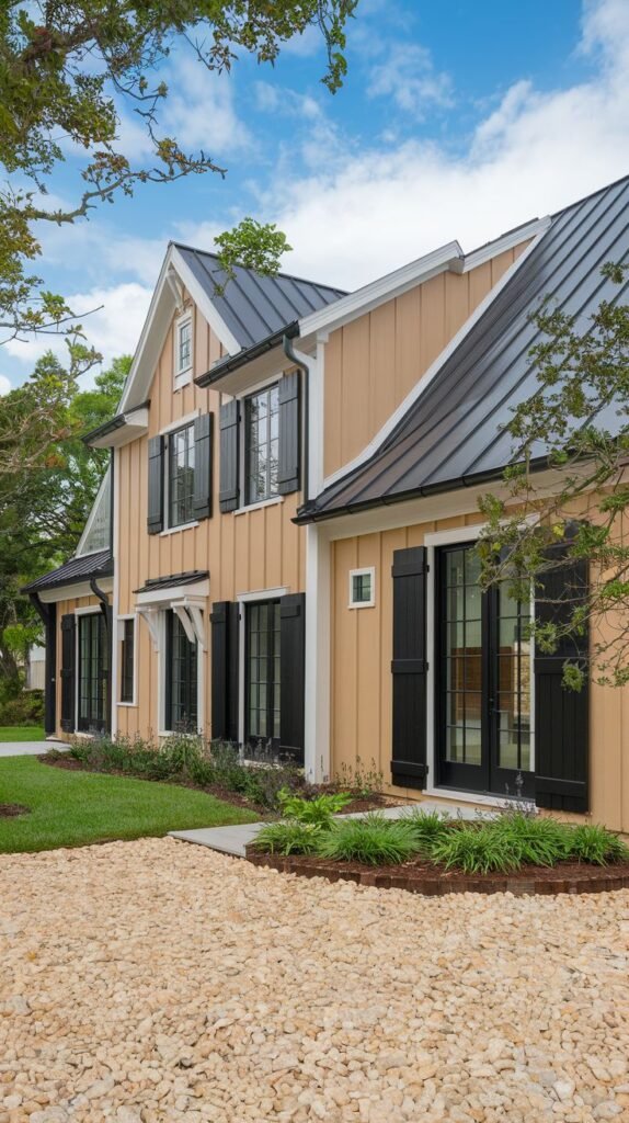Two-story farmhouse with warm, golden tan vertical siding, featuring extensive black trim, black shutters, and a black metal roof.
