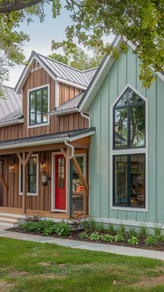 Two-toned farmhouse exterior showing two distinct gables: one in vertical light mint green siding with a large arched window, and one in natural brown wood paneling with a red door.