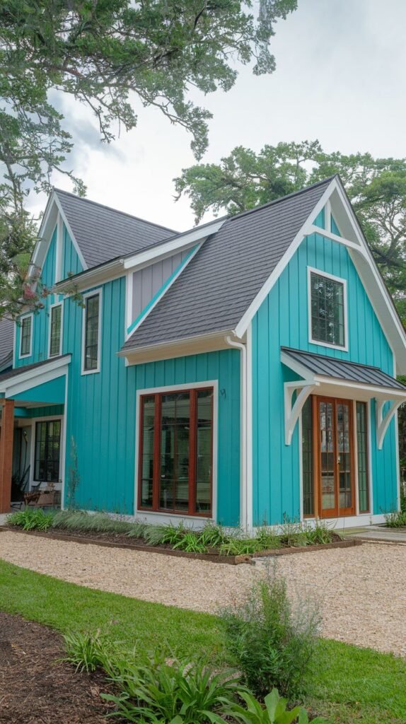 Bold turquoise/teal vertical siding on a modern farmhouse, accented by white trim, large windows with warm wood frames, and a dark shingled roof.