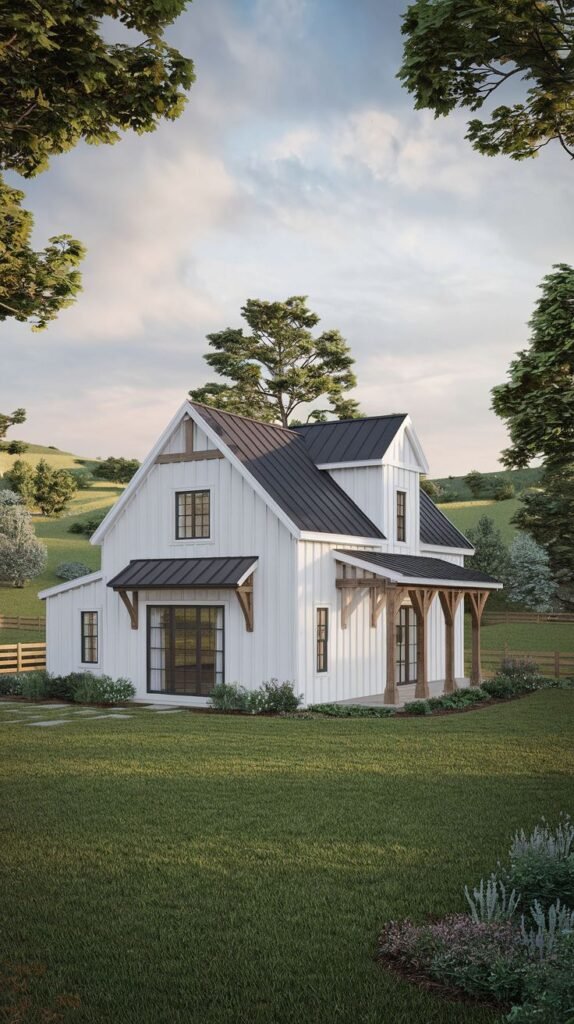 Rendered image of a classic white farmhouse with vertical siding, a dark metal roof, and a covered porch supported by rustic, dark-stained wooden posts.