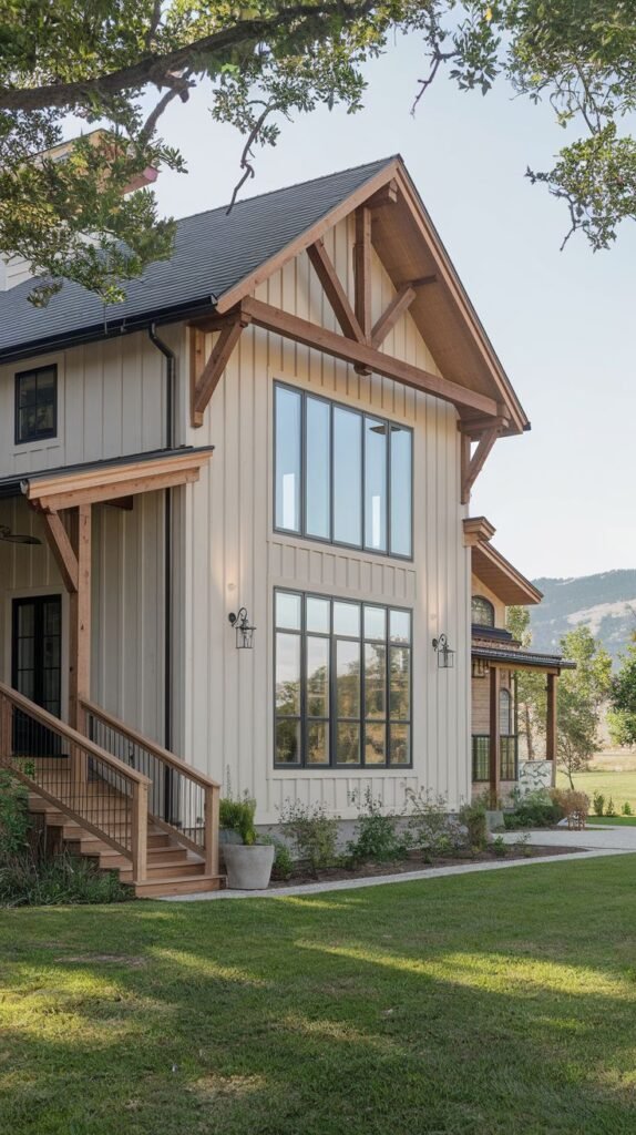 Modern farmhouse with pale cream vertical siding, extensive natural wood exposed truss work and window overhangs, and large multi-paned windows with dark green or black frames.