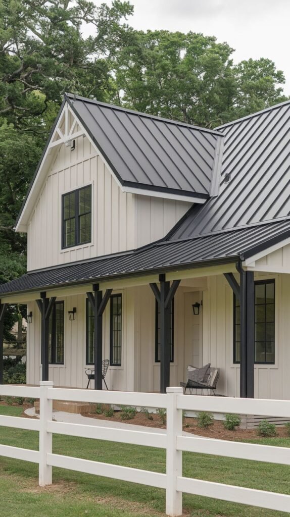 Traditional white farmhouse with vertical siding, a high-contrast black metal roof, black window frames, and strong black square posts supporting the front porch roof.