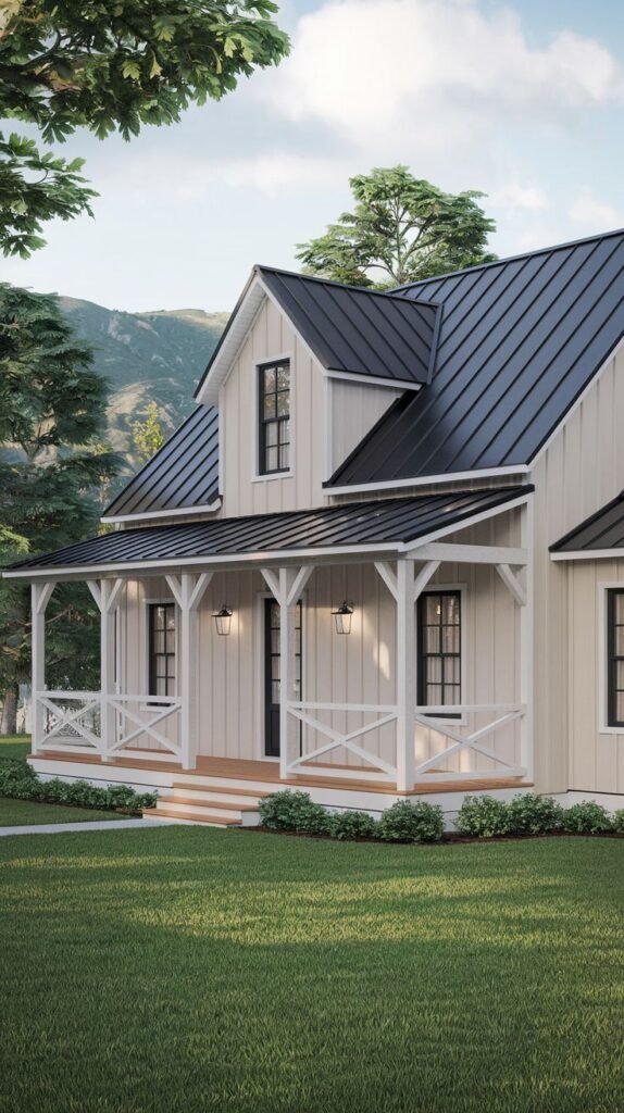 Neutral beige vertical siding on a traditional farmhouse with a covered porch featuring white X-pattern railings, white posts, black windows, and a black metal roof.
