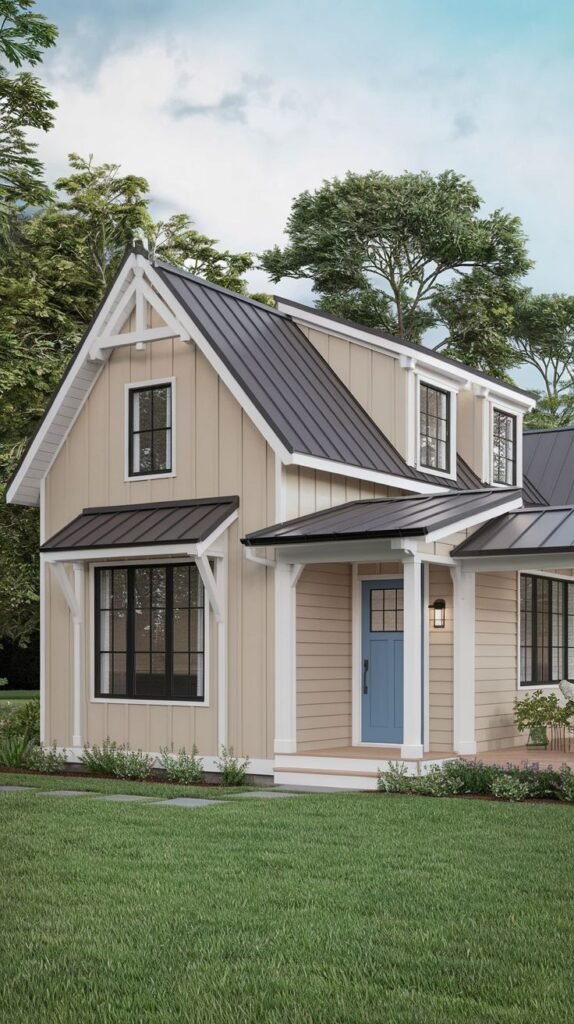 Small tan farmhouse with white trim, black metal roof and window frames, accented by a bright light blue front door and a welcoming front porch.
