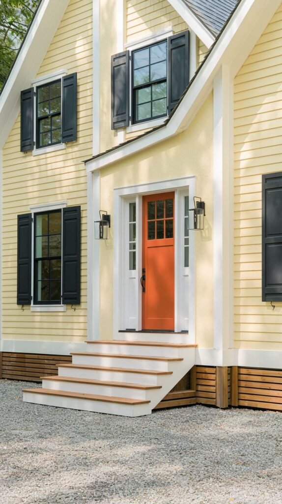 Traditional home entrance with pale yellow horizontal siding and stucco, featuring white trim, dark black shutters, and an orange-red front door above wide white stairs.