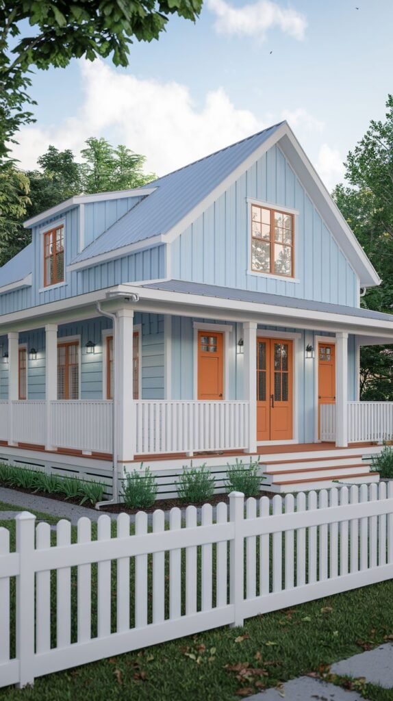 Two-story coastal farmhouse with light blue vertical siding, a pale blue metal roof, white trim, and orange-toned wooden front doors and window frames.