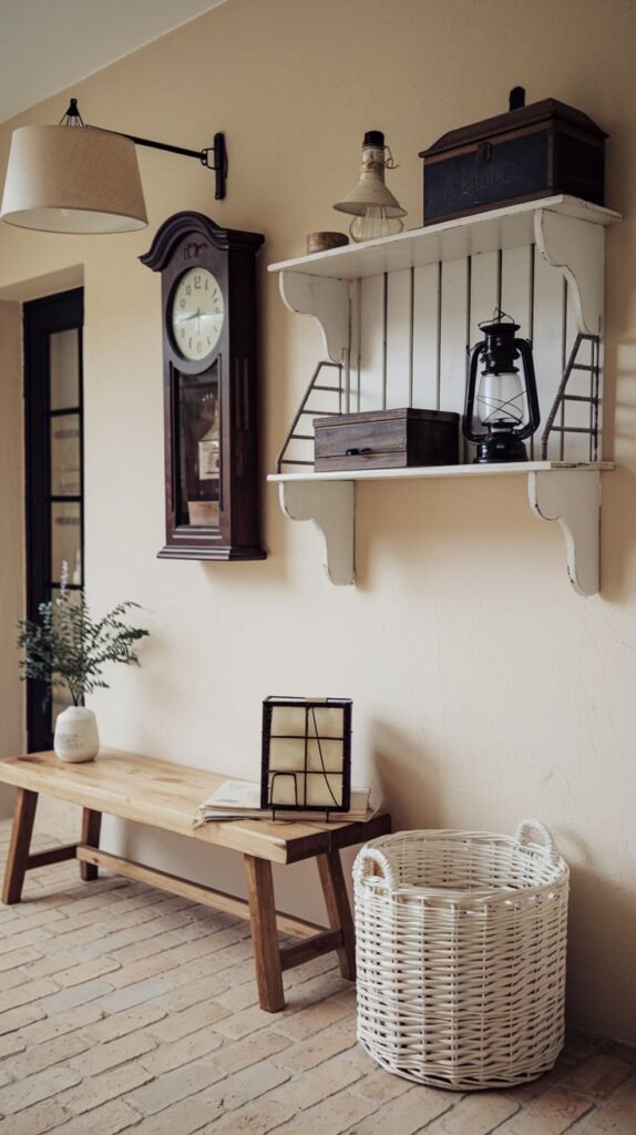 Rustic vignette on terracotta tile floor featuring a tall wooden longcase clock, a white distressed wall shelf with artifacts (lantern, boxes), and a light wooden bench.