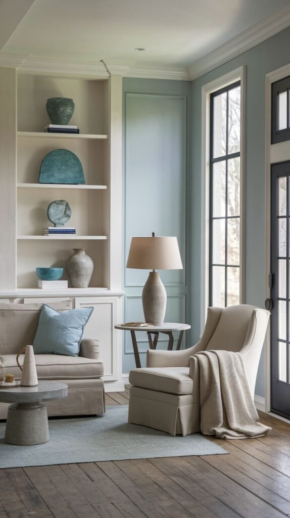 Refined sitting room with pale blue walls, built-in white shelving displaying teal pottery, a slipcovered chair, and tall black-framed industrial windows/door.