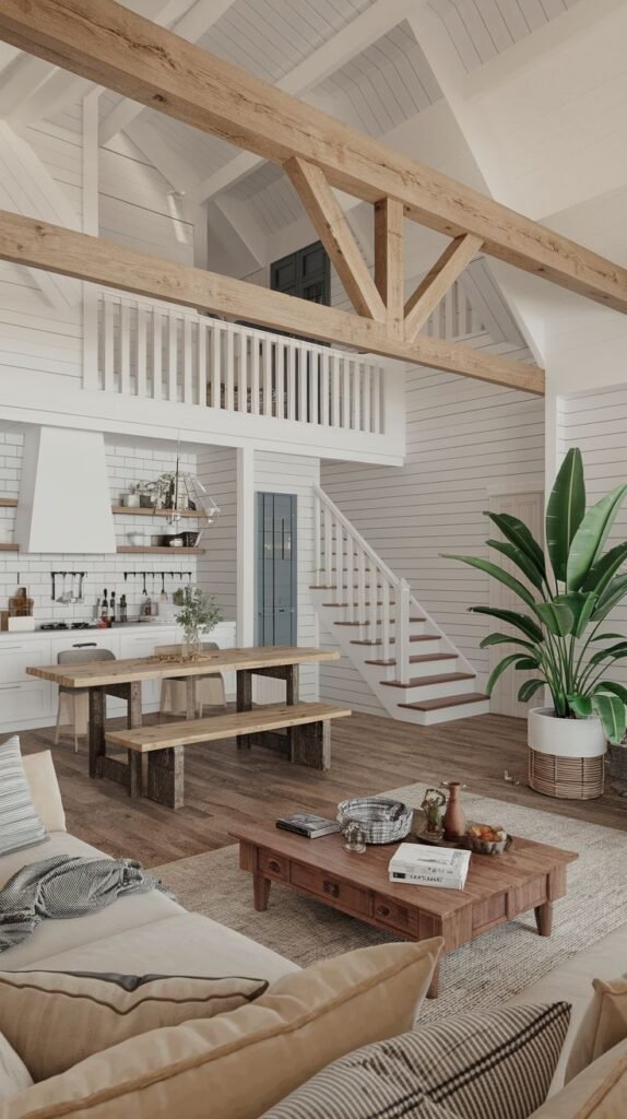 Open-concept lodge interior with white shiplap walls, a vaulted ceiling with rustic exposed wooden trusses, and a dining area featuring a wooden table and benches.