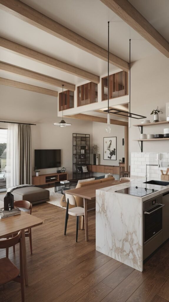 Modern farmhouse kitchen with light exposed ceiling beams, a kitchen island featuring a waterfall edge of white veined marble, and adjacent mid-century modern furniture.