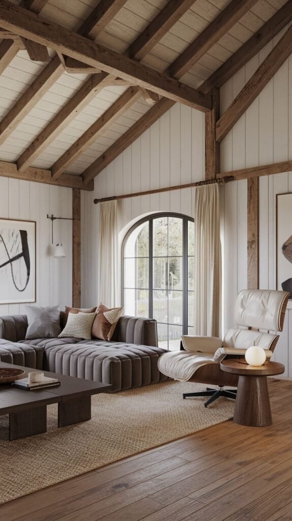 Cozy living room with a vaulted ceiling and exposed wooden structure, featuring a deep channeled sectional sofa, an Eames-style lounge chair, and a dramatic arched window.