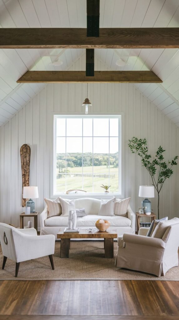 Symmetrical farmhouse living room with white shiplap vaulted ceiling, central wooden cross beams, a white sofa, two slipcovered armchairs, and a large square central window.