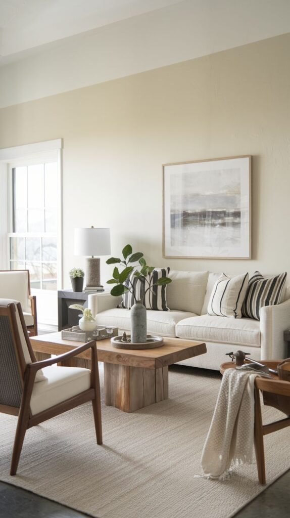 Neutral living room with beige walls, a white sofa accented with black and white striped pillows, a raw-edge wooden coffee table, and abstract wall art.