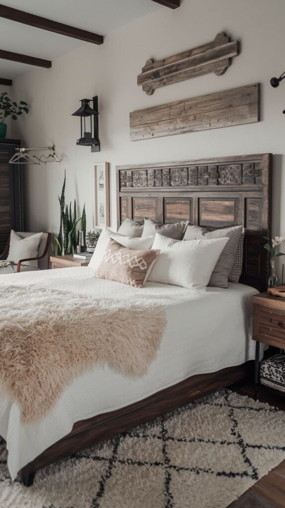 Rustic bedroom featuring a dark, carved wooden headboard, reclaimed wood wall decor, layered white bedding, and a peach/pink faux fur throw.