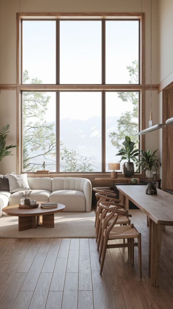 Minimalist, light-filled open-plan room with wide plank wooden floors, a curved modern sofa, and massive floor-to-ceiling windows overlooking a snowy mountain view.
