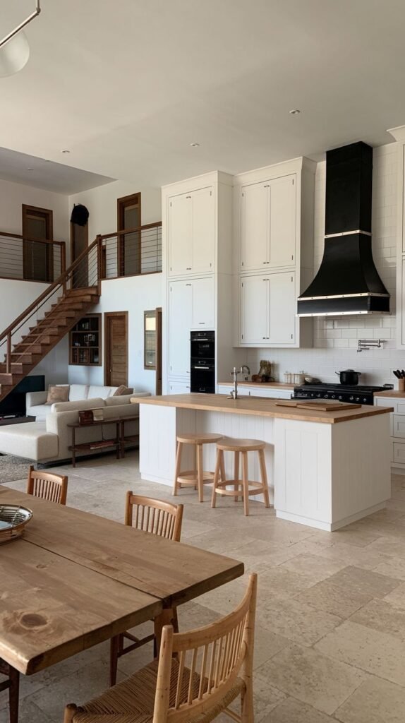 Large open kitchen with white cabinets, a wood-topped island, light stone tile flooring, and a dramatic black pyramidal metal range hood as a focal point.