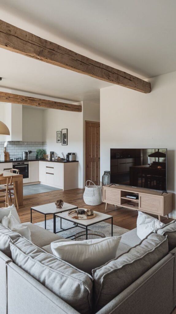 Open living and kitchen area separated by a white wall section, featuring exposed wooden ceiling beams, a sectional sofa, a minimalist kitchen, and wide wood plank floors.