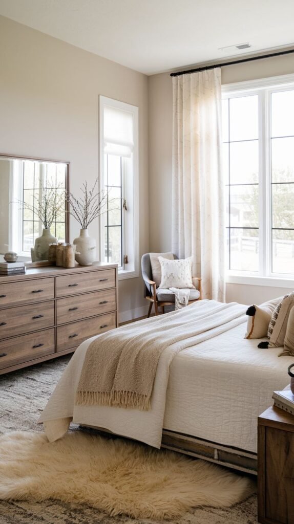 Bright farmhouse bedroom featuring a large natural wood dresser, neutral bedding, and a large, plush sheepskin-style rug next to a tall window.