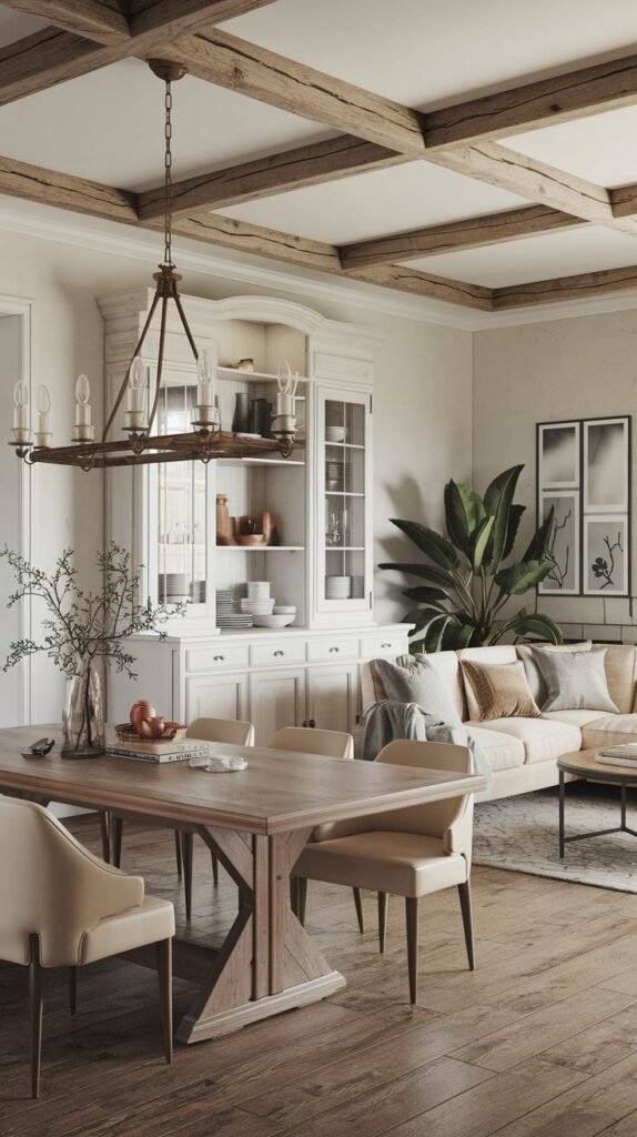 Elegant dining area featuring a coffered ceiling defined by intersecting rustic wooden beams, a substantial X-base dining table, and a built-in white china cabinet.