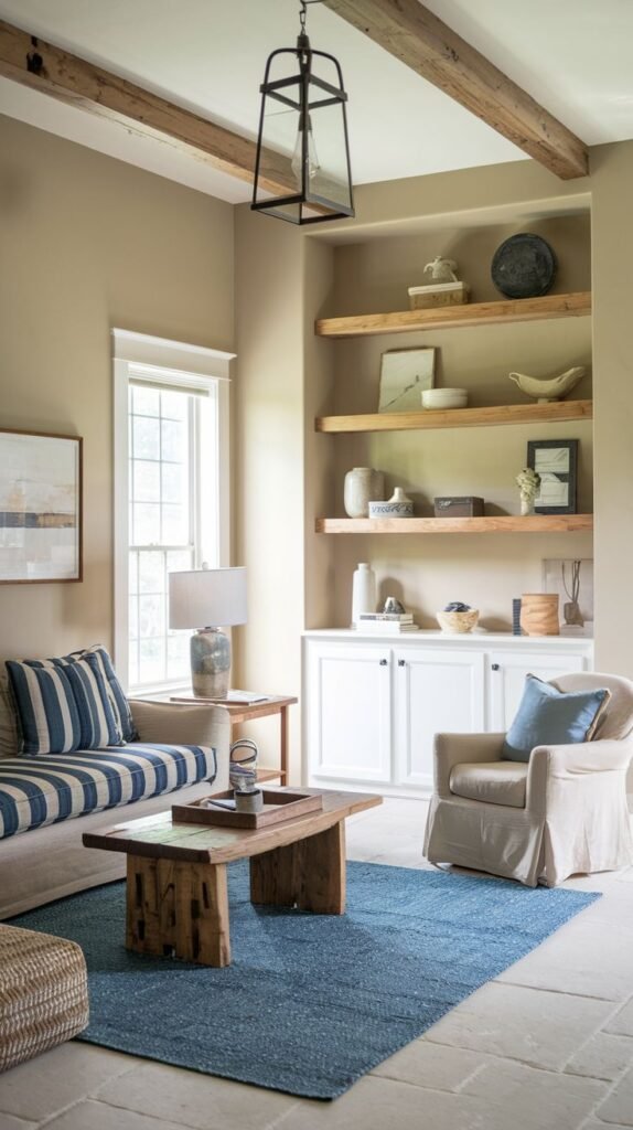 Small sitting area with beige walls and exposed beams, featuring built-in floating wooden shelves above white cabinets, a striped blue and white slipcovered sofa, and a blue rug on a stone floor.