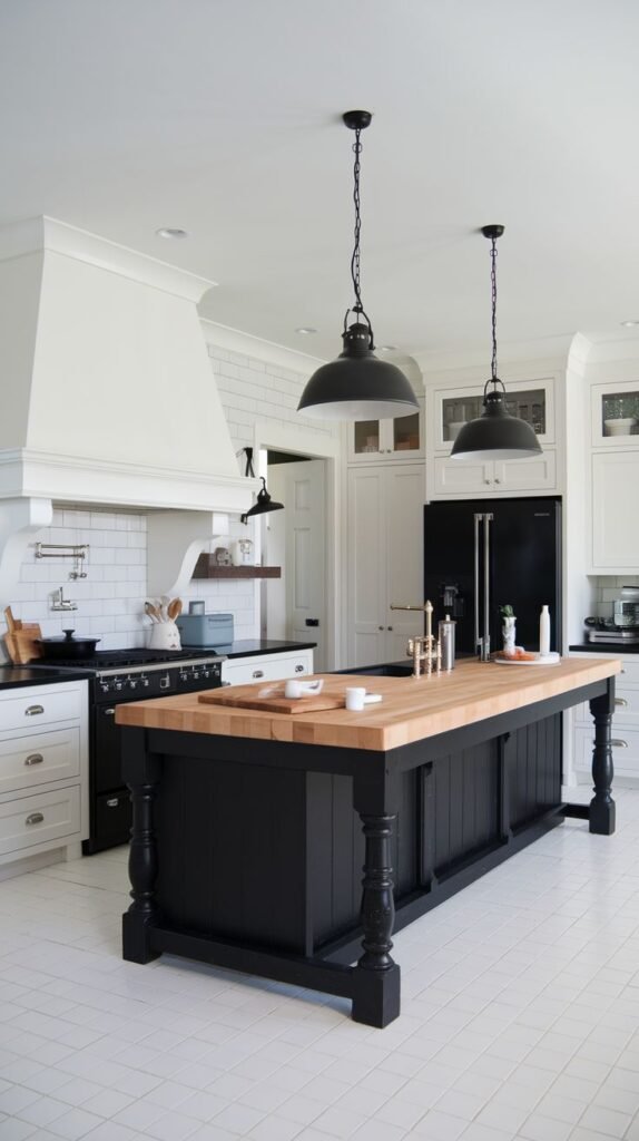 Modern farmhouse kitchen featuring a long black island with a butcher block top, white perimeter cabinets, white subway tile, and two large black industrial pendant lights over the island.