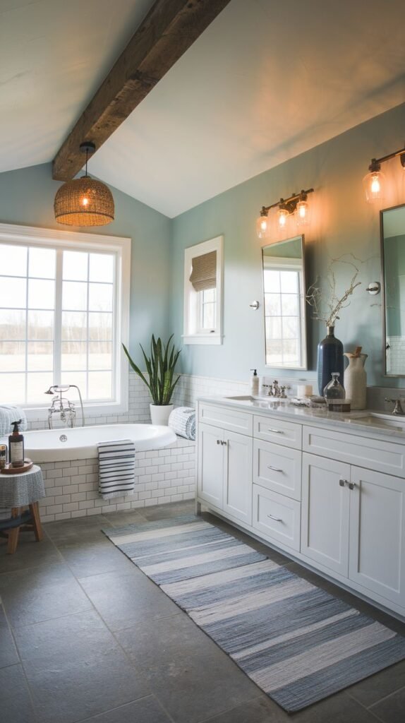 Bathroom with light blue walls, a dark exposed wooden beam, a white double vanity, and a tub nestled against a window, defined by a woven rattan pendant and a blue striped rug.
