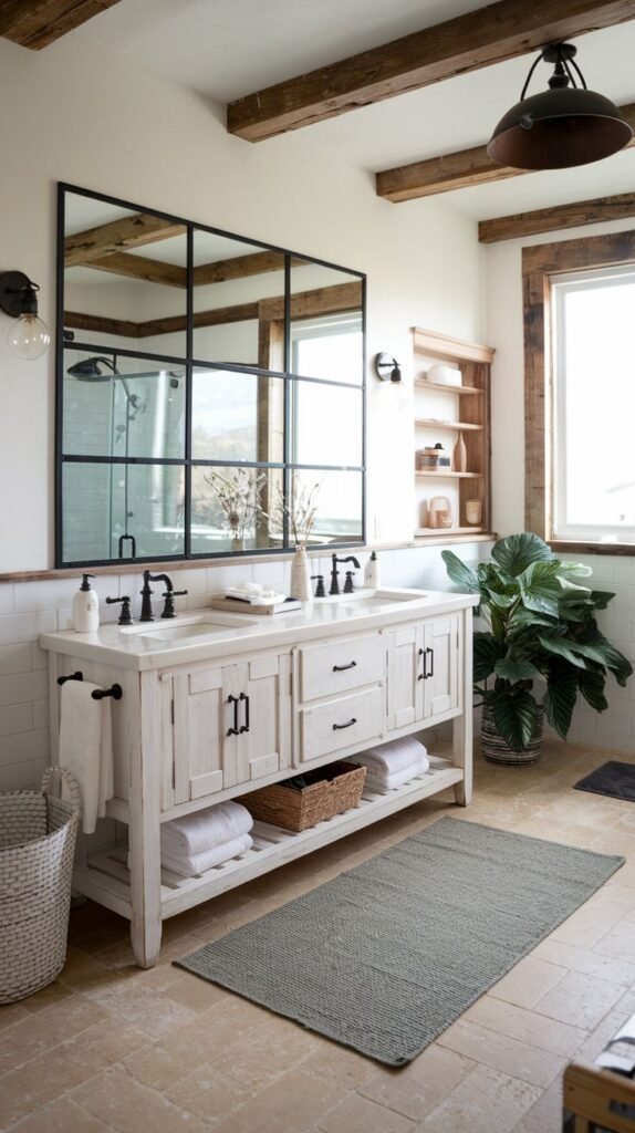 Farmhouse bathroom with a rustic distressed white double vanity, rough-hewn exposed ceiling beams, and a large black grid-patterned mirror.