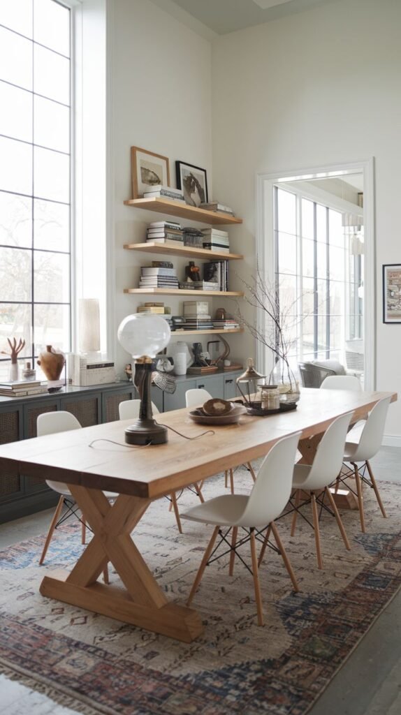 Bright, tall-ceiling dining room with a large wooden table featuring an X-base, white modern molded chairs, and expansive floor-to-ceiling windows.