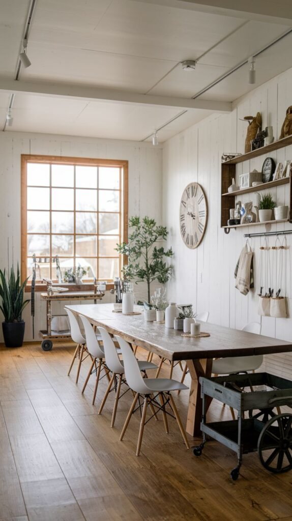 Casual dining space with white vertical shiplap walls, wood plank flooring, a long rustic table, white molded chairs, and an oversized round wooden clock.