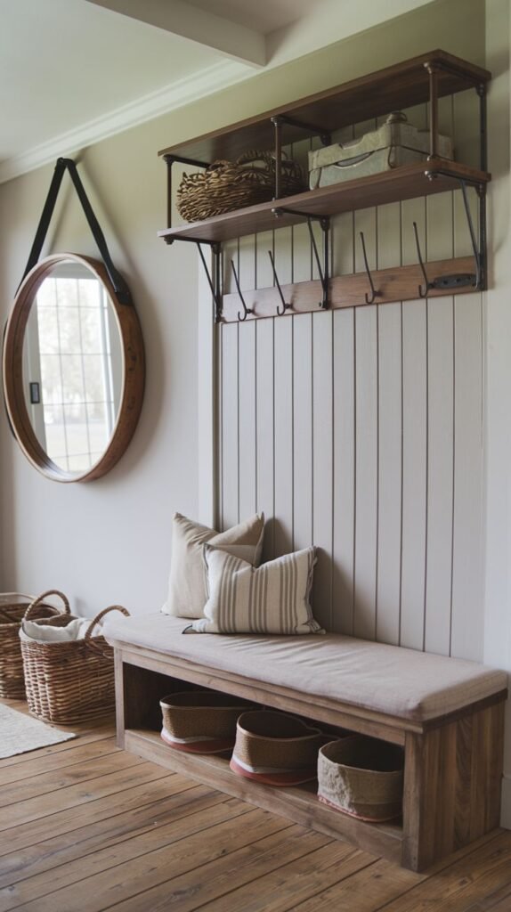 Rustic entryway bench with storage cubbies and a cushion, backed by white vertical paneling and topped with a dark wooden shelf/coat hook unit, next to a round wooden mirror.