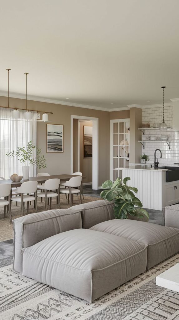 Open-plan living space with beige walls, showing a large modular light gray sofa on a patterned rug, looking toward a dining area and a kitchen island with white vertical paneling.